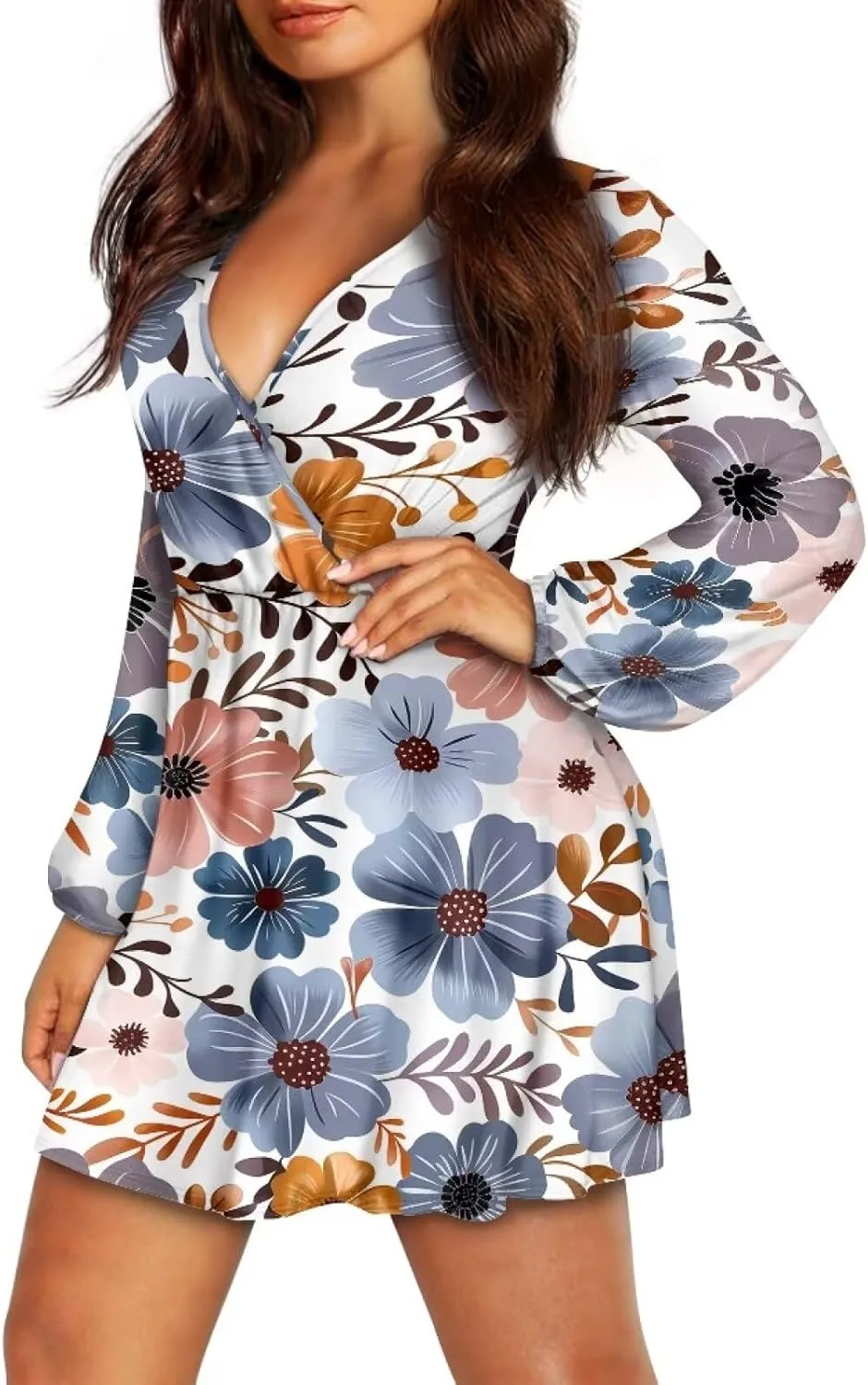 Poceacles Deep V-Neck Long Sleeve Dress for Women A-line Elastic High Waist Casual Flowy Swing Shift Dresses for Work Travel
