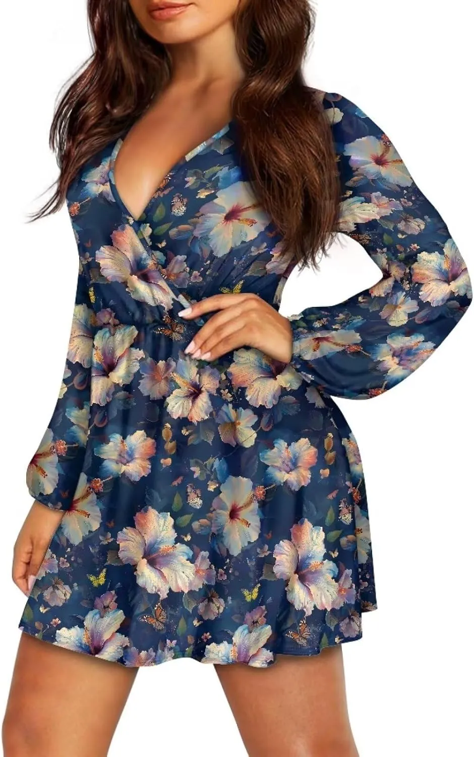 Poceacles Deep V-Neck Long Sleeve Dress for Women A-line Elastic High Waist Casual Flowy Swing Shift Dresses for Work Travel