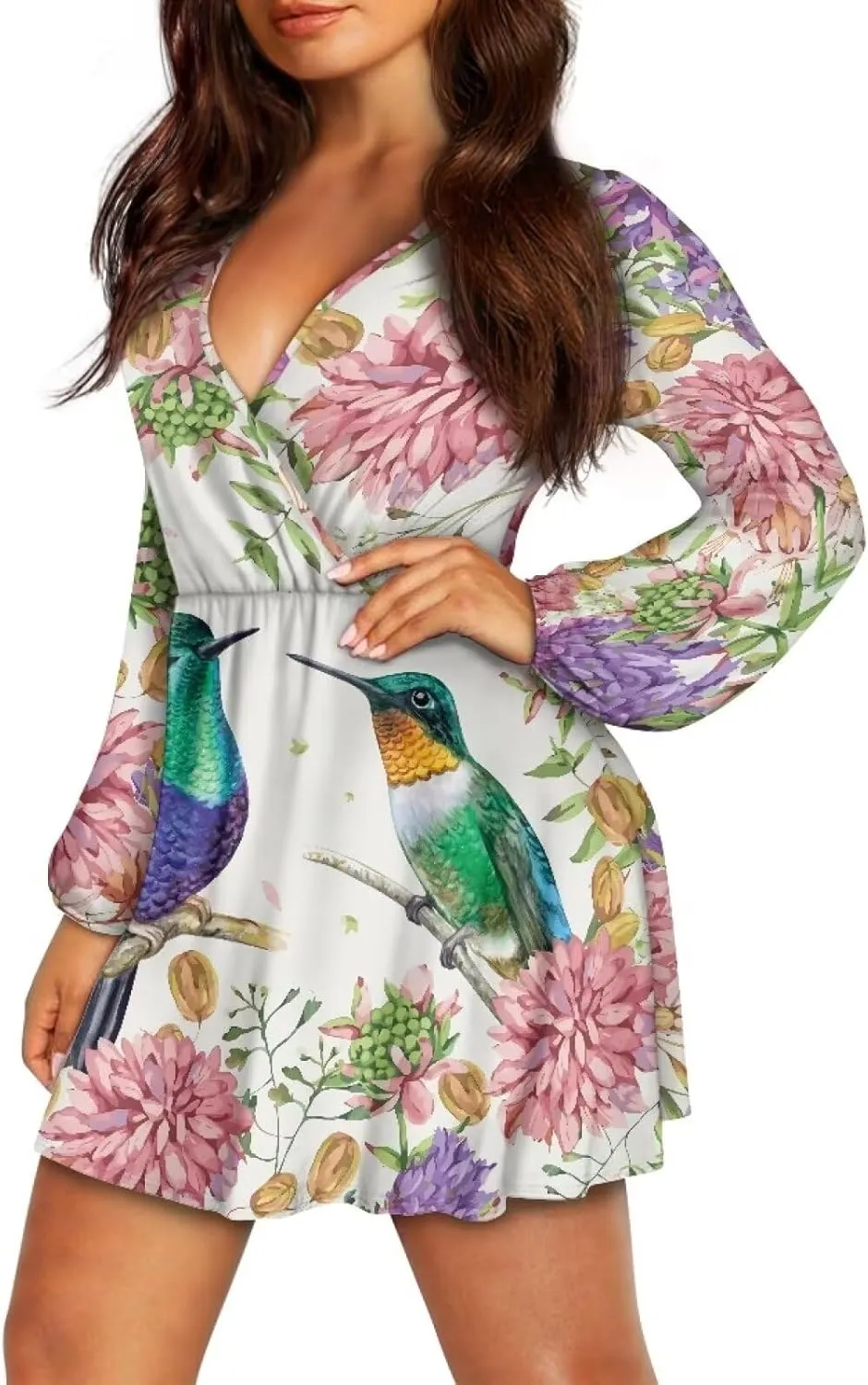 Poceacles Deep V-Neck Long Sleeve Dress for Women A-line Elastic High Waist Casual Flowy Swing Shift Dresses for Work Travel