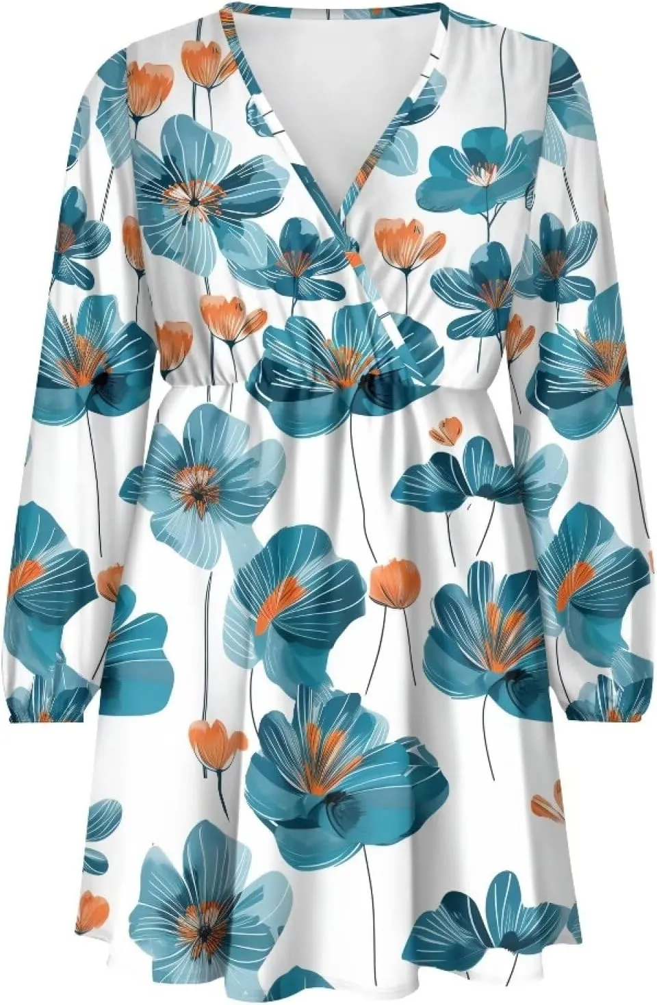 Poceacles Deep V-Neck Long Sleeve Dress for Women A-line Elastic High Waist Casual Flowy Swing Shift Dresses for Work Travel