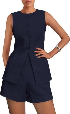 PRETTYGARDEN Two Piece Sets for Women Summer 2025 Button Down Suit Vest Tops High Waisted Shorts Business Casual Outfits