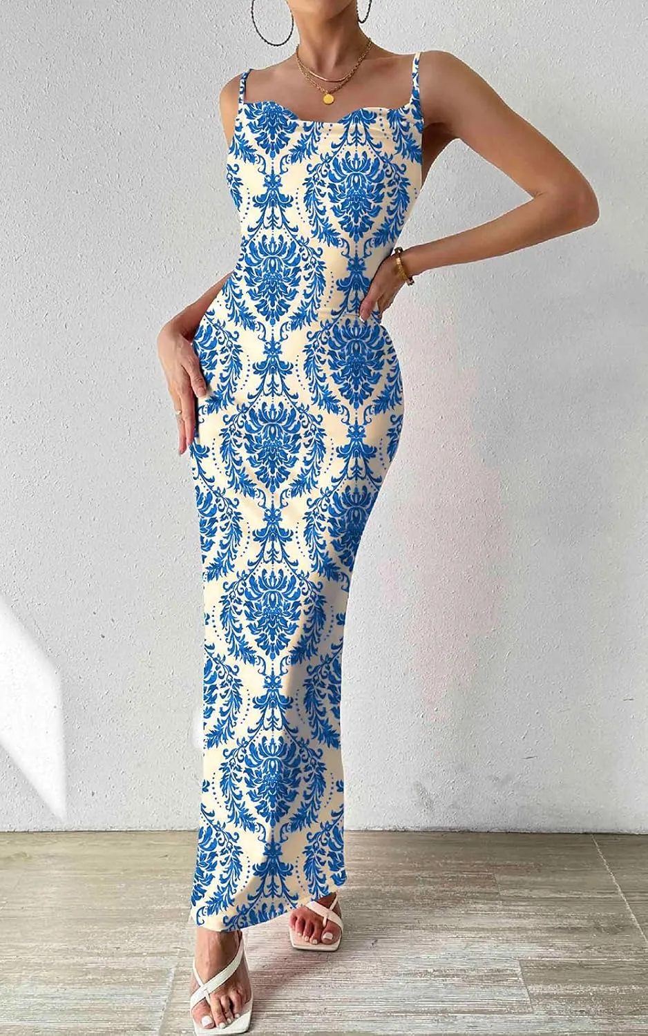 PRETTYGARDEN Women's 2025 Summer Floral Spaghetti Strap Maxi Dress Stretch Sexy Bodycon Dress Backless Slip Long Dresses