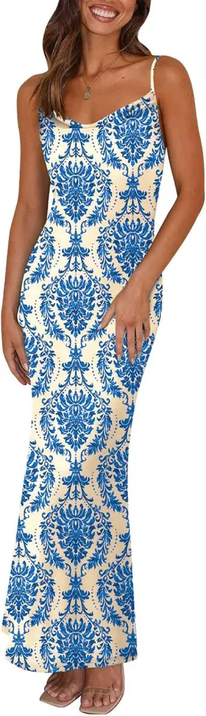 PRETTYGARDEN Women's 2025 Summer Floral Spaghetti Strap Maxi Dress Stretch Sexy Bodycon Dress Backless Slip Long Dresses