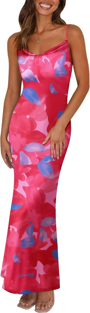 PRETTYGARDEN Women's 2025 Summer Floral Spaghetti Strap Maxi Dress Stretch Sexy Bodycon Dress Backless Slip Long Dresses