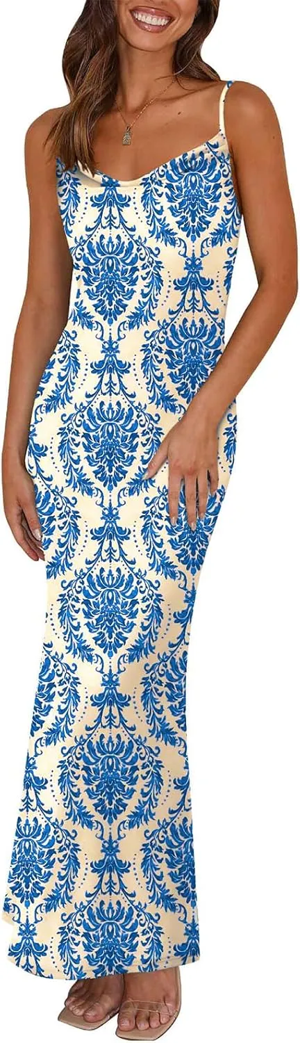 PRETTYGARDEN Women's 2025 Summer Floral Spaghetti Strap Maxi Dress Stretch Sexy Bodycon Dress Backless Slip Long Dresses