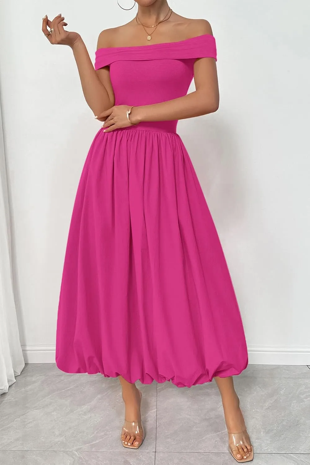 PRETTYGARDEN Womens Summer Off Shoulder Sleeveless Midi Dress Cocktail A Line Flowy Wedding Guest Dresses with Pockets