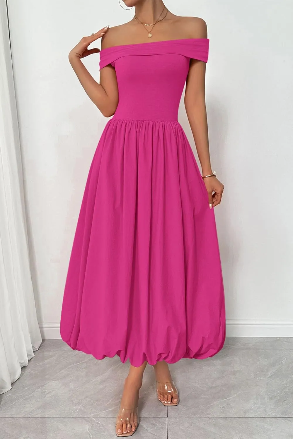 PRETTYGARDEN Womens Summer Off Shoulder Sleeveless Midi Dress Cocktail A Line Flowy Wedding Guest Dresses with Pockets