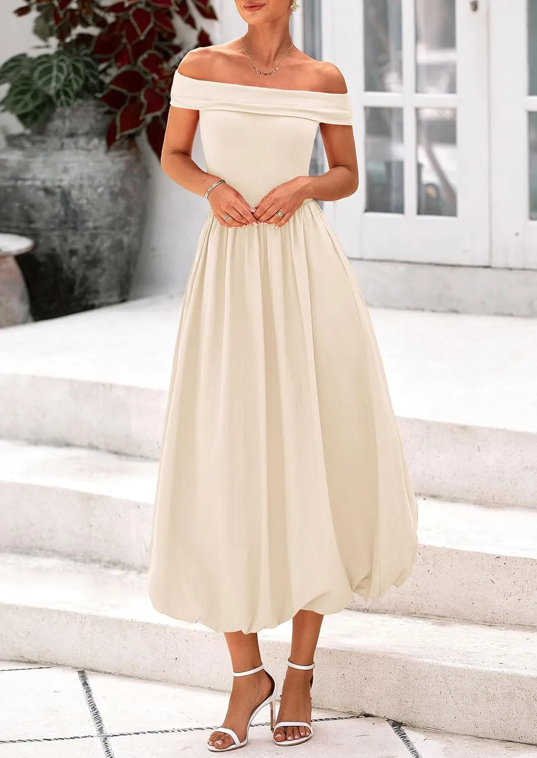PRETTYGARDEN Womens Summer Off Shoulder Sleeveless Midi Dress Cocktail A Line Flowy Wedding Guest Dresses with Pockets