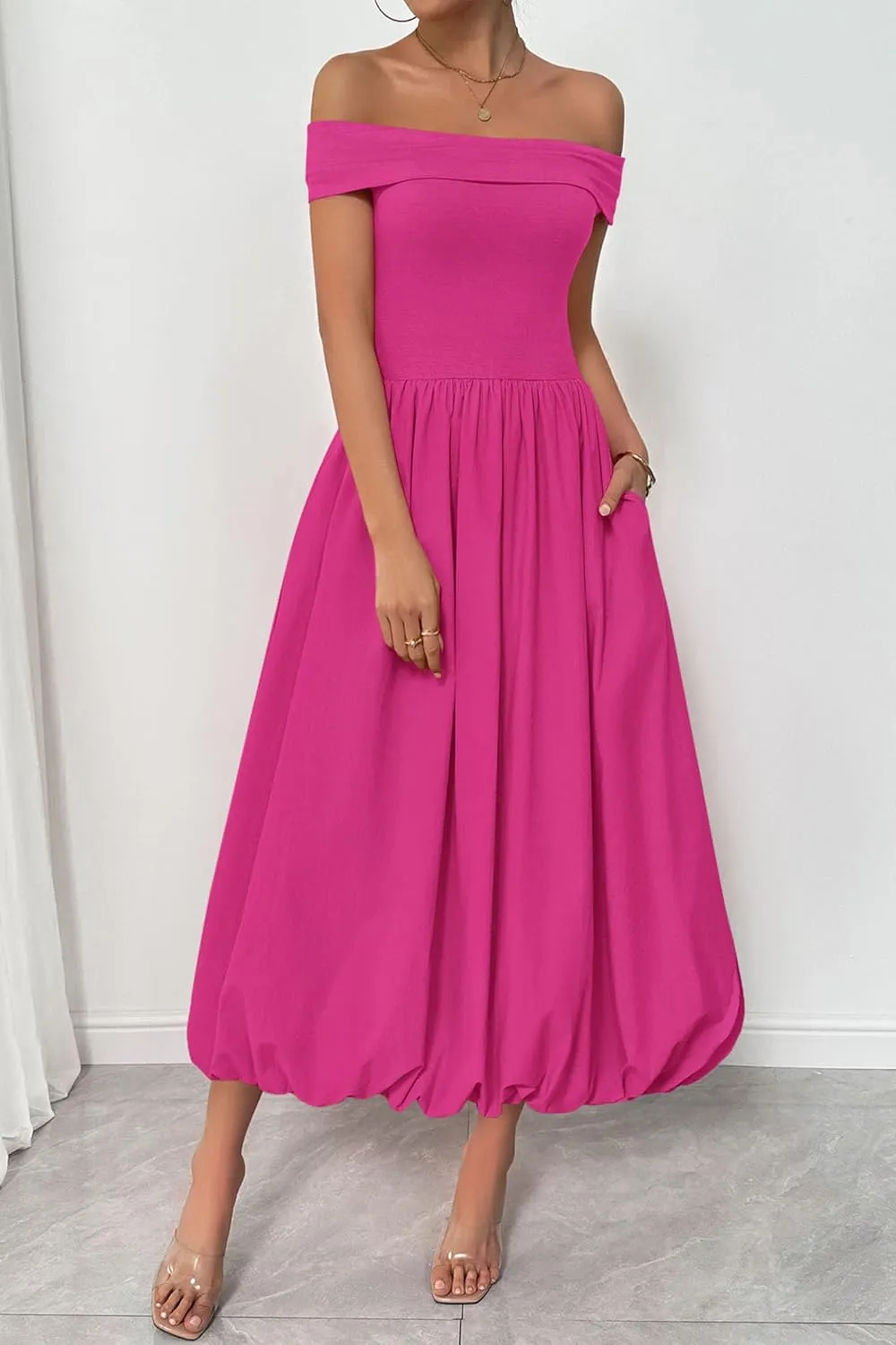 PRETTYGARDEN Womens Summer Off Shoulder Sleeveless Midi Dress Cocktail A Line Flowy Wedding Guest Dresses with Pockets