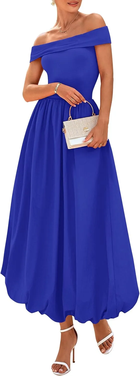 PRETTYGARDEN Womens Summer Off Shoulder Sleeveless Midi Dress Cocktail A Line Flowy Wedding Guest Dresses with Pockets