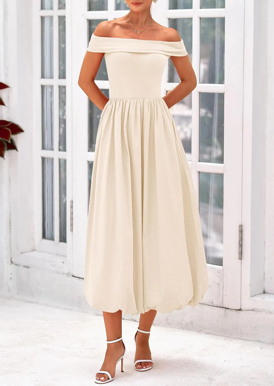 PRETTYGARDEN Womens Summer Off Shoulder Sleeveless Midi Dress Cocktail A Line Flowy Wedding Guest Dresses with Pockets