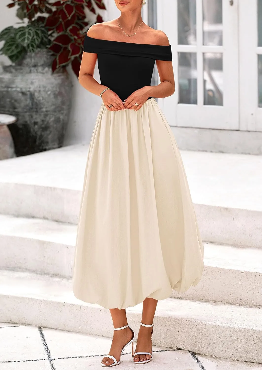 PRETTYGARDEN Womens Summer Off Shoulder Sleeveless Midi Dress Cocktail A Line Flowy Wedding Guest Dresses with Pockets