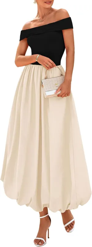 PRETTYGARDEN Womens Summer Off Shoulder Sleeveless Midi Dress Cocktail A Line Flowy Wedding Guest Dresses with Pockets