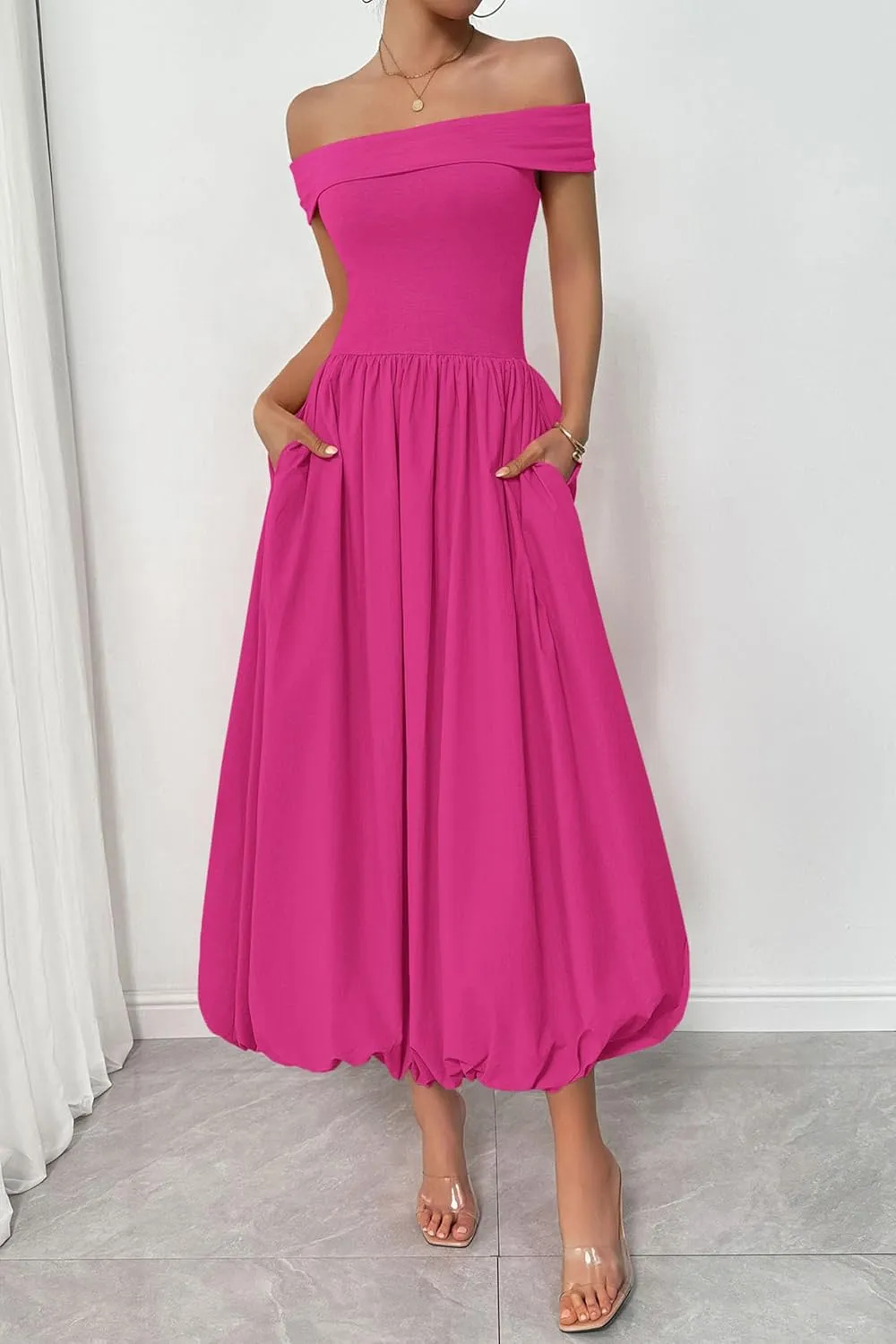 PRETTYGARDEN Womens Summer Off Shoulder Sleeveless Midi Dress Cocktail A Line Flowy Wedding Guest Dresses with Pockets