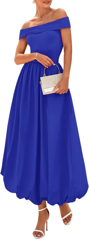 PRETTYGARDEN Womens Summer Off Shoulder Sleeveless Midi Dress Cocktail A Line Flowy Wedding Guest Dresses with Pockets