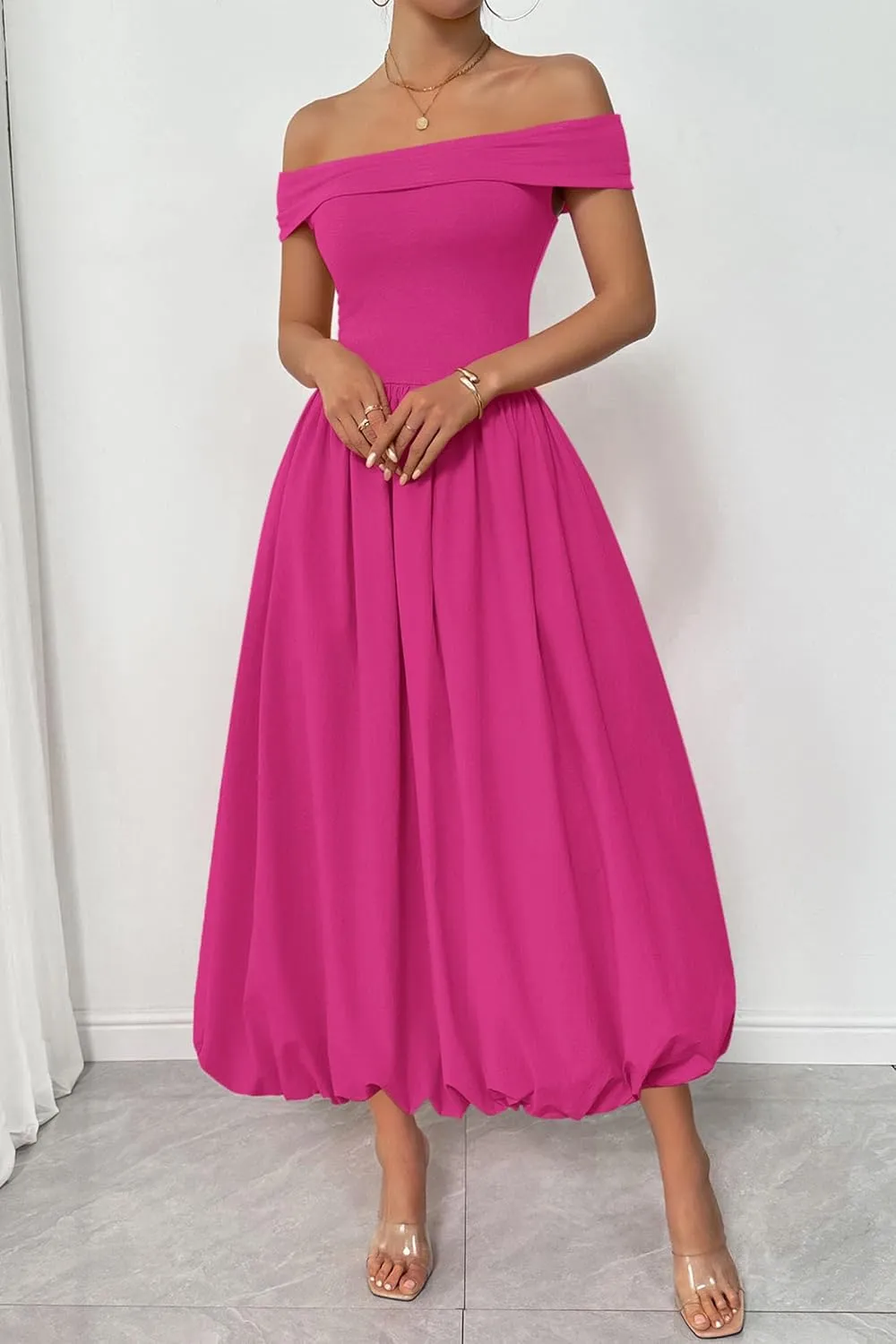 PRETTYGARDEN Womens Summer Off Shoulder Sleeveless Midi Dress Cocktail A Line Flowy Wedding Guest Dresses with Pockets