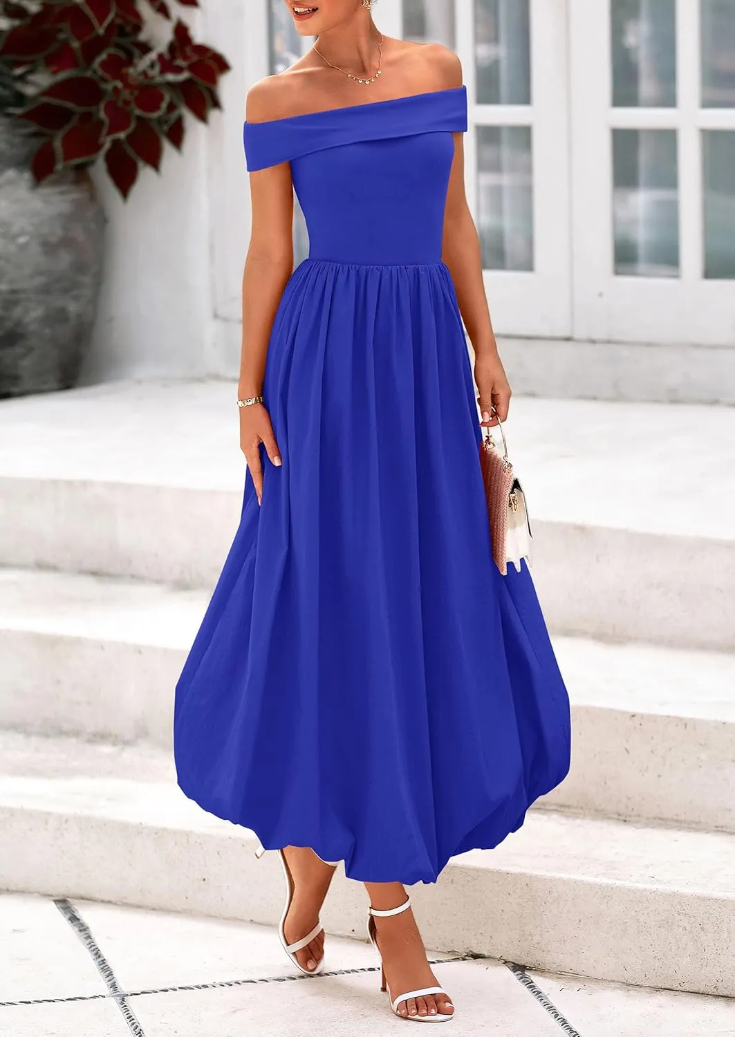 PRETTYGARDEN Womens Summer Off Shoulder Sleeveless Midi Dress Cocktail A Line Flowy Wedding Guest Dresses with Pockets