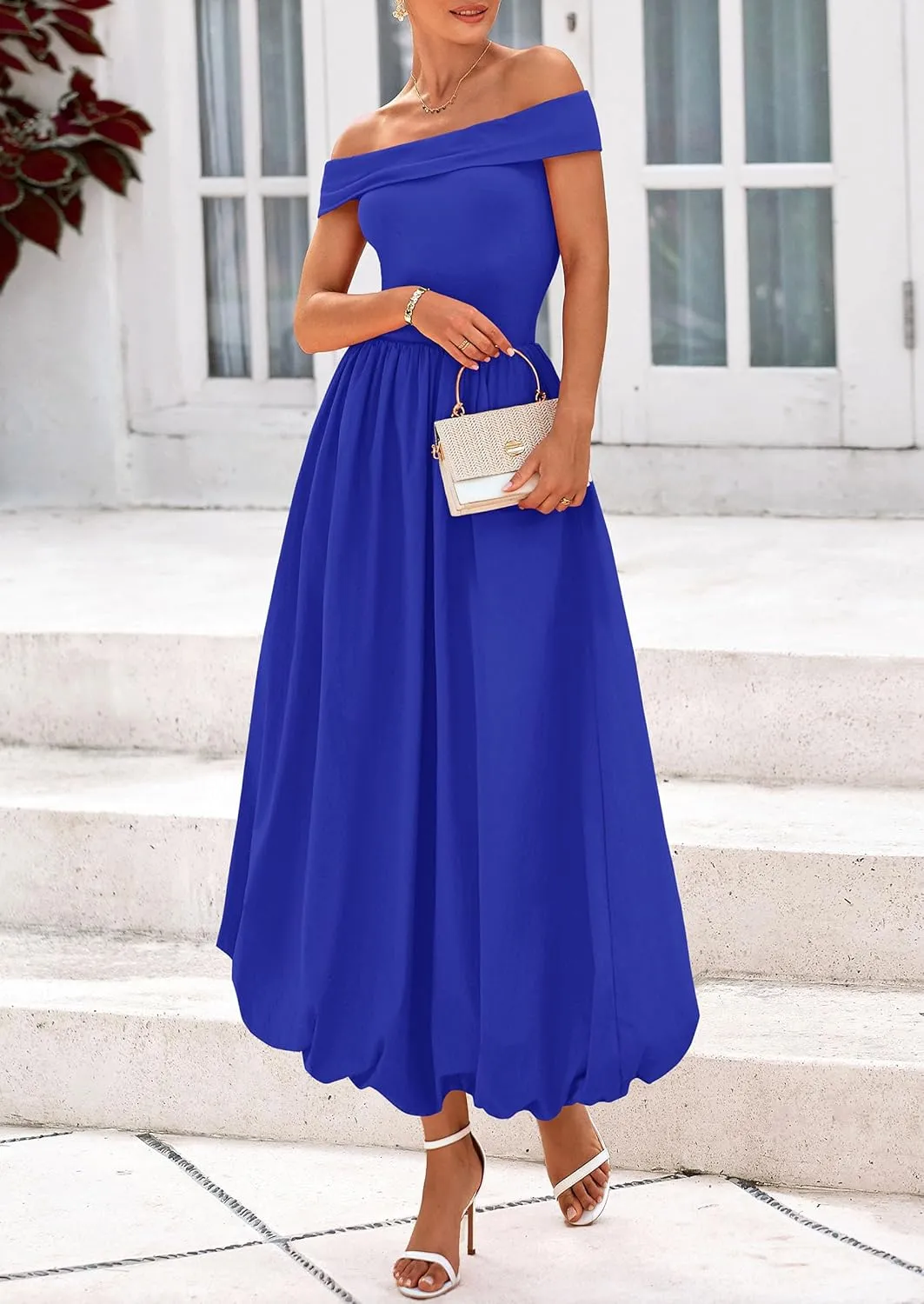 PRETTYGARDEN Womens Summer Off Shoulder Sleeveless Midi Dress Cocktail A Line Flowy Wedding Guest Dresses with Pockets