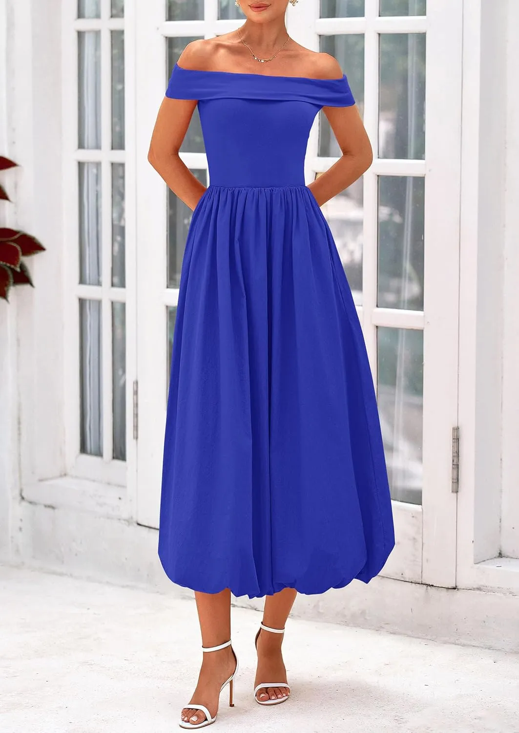 PRETTYGARDEN Womens Summer Off Shoulder Sleeveless Midi Dress Cocktail A Line Flowy Wedding Guest Dresses with Pockets