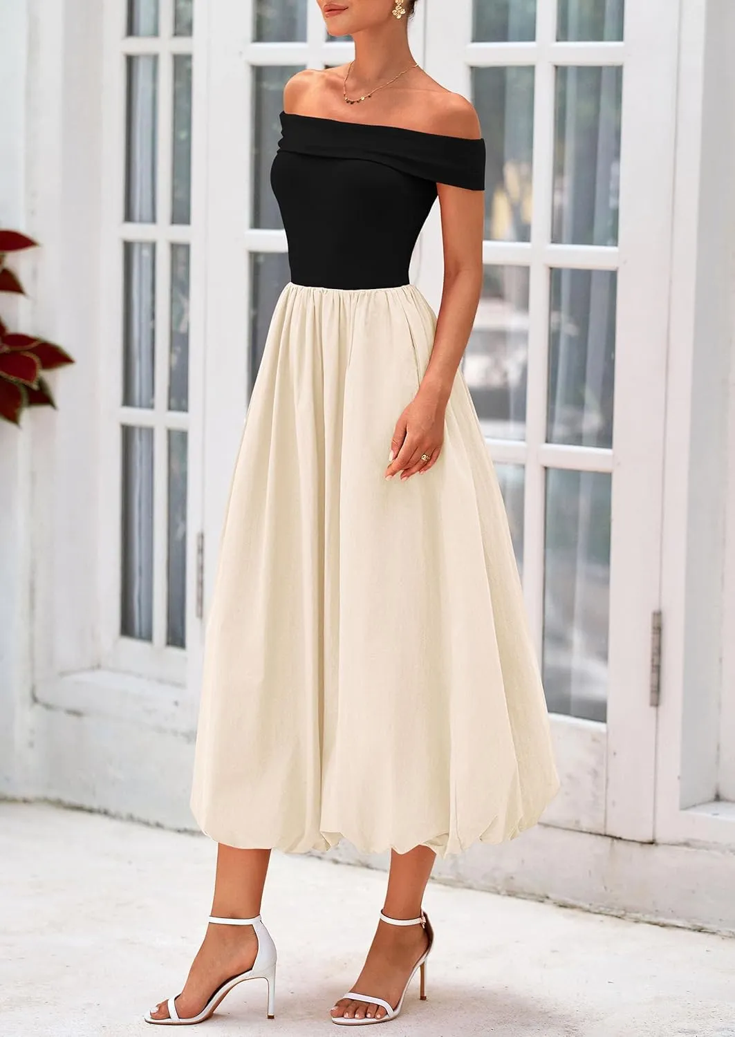 PRETTYGARDEN Womens Summer Off Shoulder Sleeveless Midi Dress Cocktail A Line Flowy Wedding Guest Dresses with Pockets