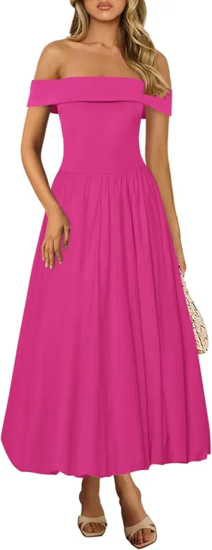 PRETTYGARDEN Womens Summer Off Shoulder Sleeveless Midi Dress Cocktail A Line Flowy Wedding Guest Dresses with Pockets