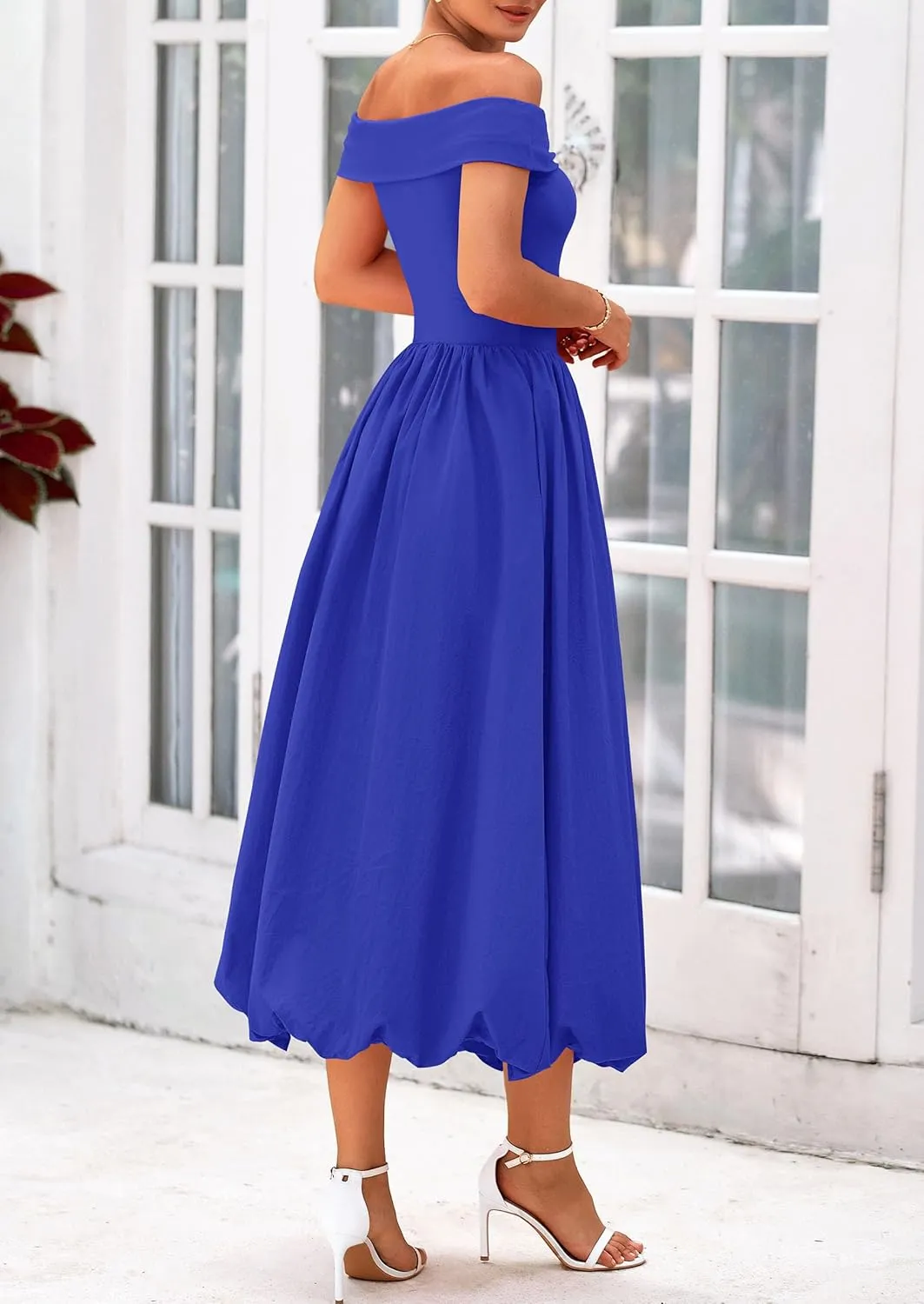 PRETTYGARDEN Womens Summer Off Shoulder Sleeveless Midi Dress Cocktail A Line Flowy Wedding Guest Dresses with Pockets