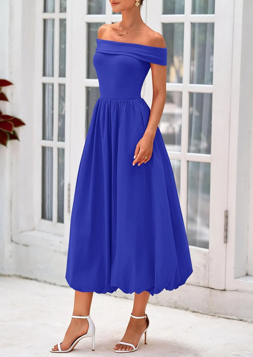 PRETTYGARDEN Womens Summer Off Shoulder Sleeveless Midi Dress Cocktail A Line Flowy Wedding Guest Dresses with Pockets