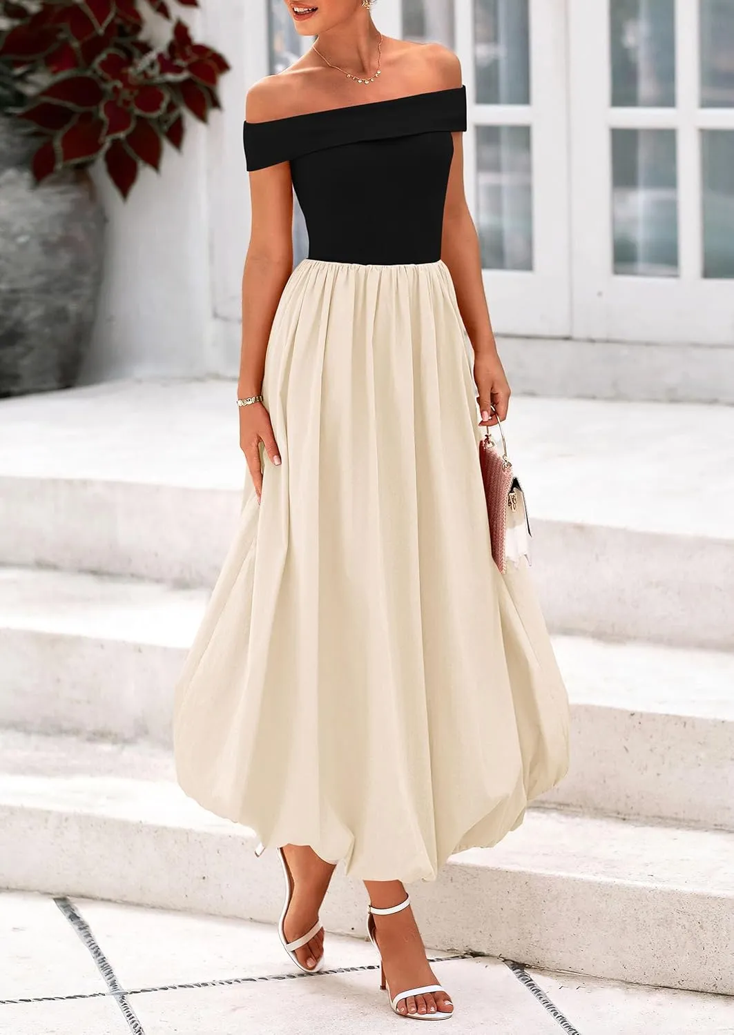 PRETTYGARDEN Womens Summer Off Shoulder Sleeveless Midi Dress Cocktail A Line Flowy Wedding Guest Dresses with Pockets