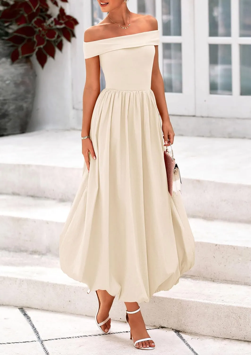 PRETTYGARDEN Womens Summer Off Shoulder Sleeveless Midi Dress Cocktail A Line Flowy Wedding Guest Dresses with Pockets