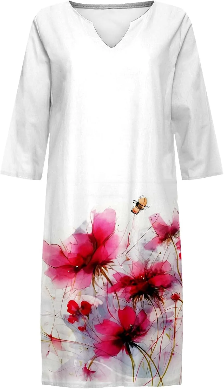 PTOLOCIF Boho Dresses for Women 2025 Cotton Linen Midi Dress Plus Size Short Sleeve Tshirt Dresses Crew Neck Shift Dress