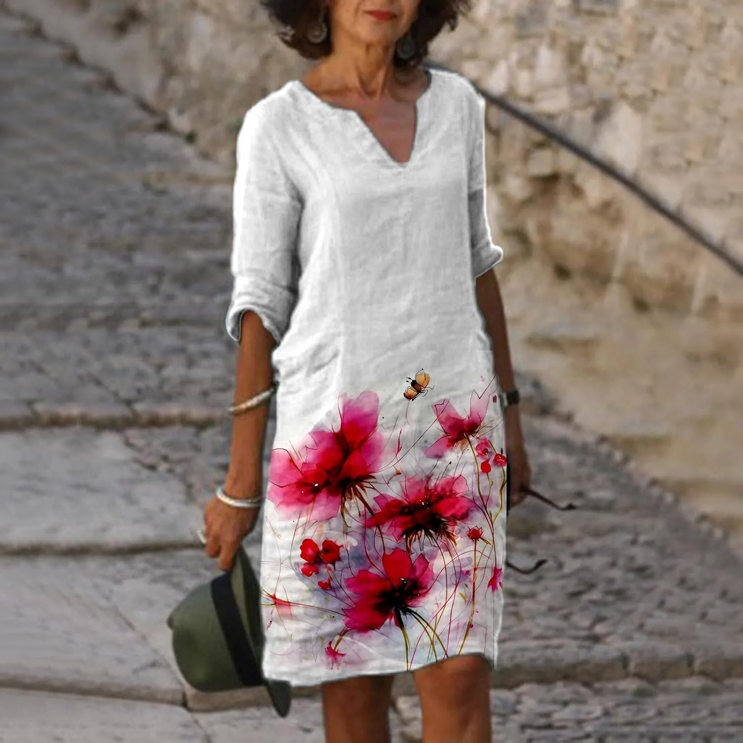 PTOLOCIF Boho Dresses for Women 2025 Cotton Linen Midi Dress Plus Size Short Sleeve Tshirt Dresses Crew Neck Shift Dress