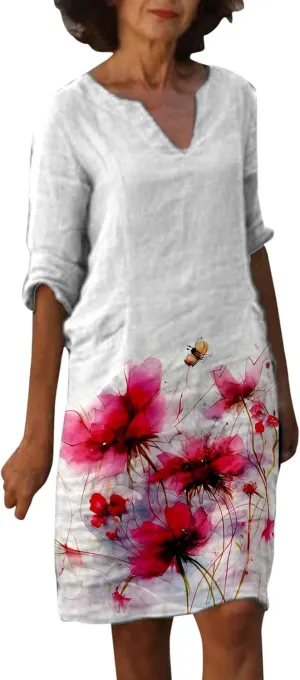 PTOLOCIF Boho Dresses for Women 2025 Cotton Linen Midi Dress Plus Size Short Sleeve Tshirt Dresses Crew Neck Shift Dress