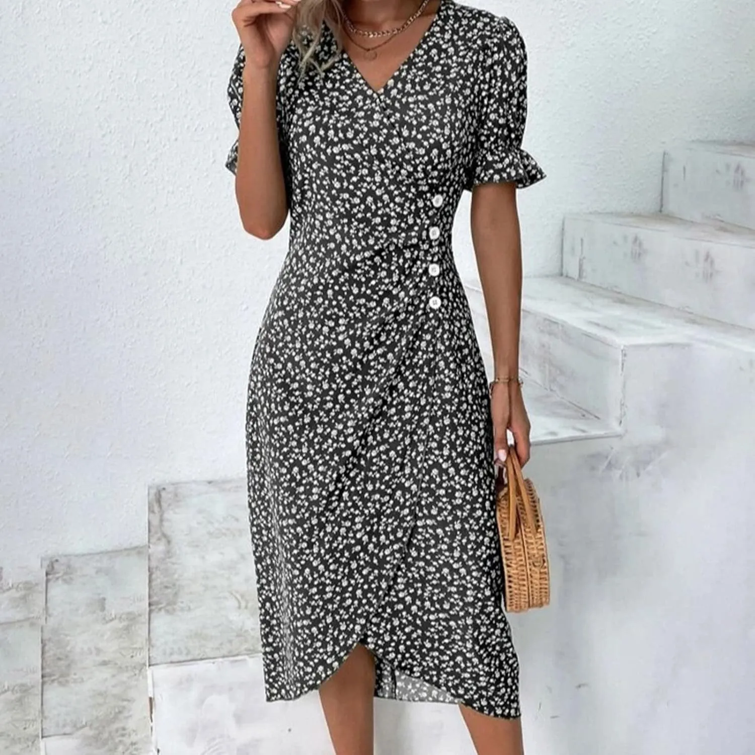 PTOLOCIF Women's Button V Neck Bubble Sleeve Irregular Hem Dress Plus Size T Shirt Dress