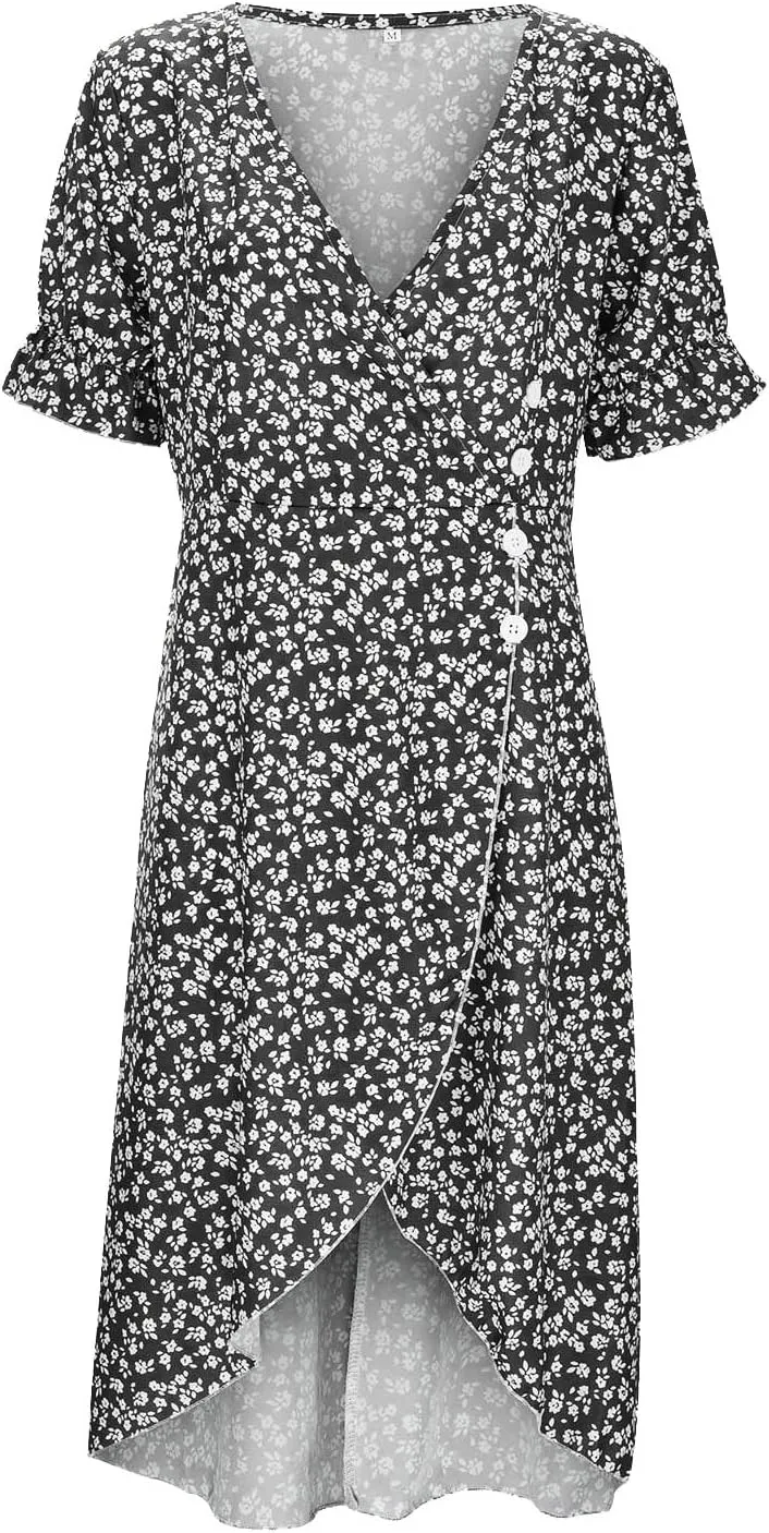 PTOLOCIF Women's Button V Neck Bubble Sleeve Irregular Hem Dress Plus Size T Shirt Dress