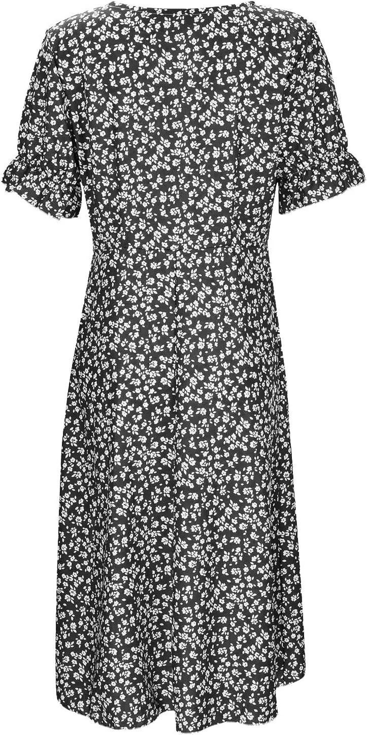 PTOLOCIF Women's Button V Neck Bubble Sleeve Irregular Hem Dress Plus Size T Shirt Dress