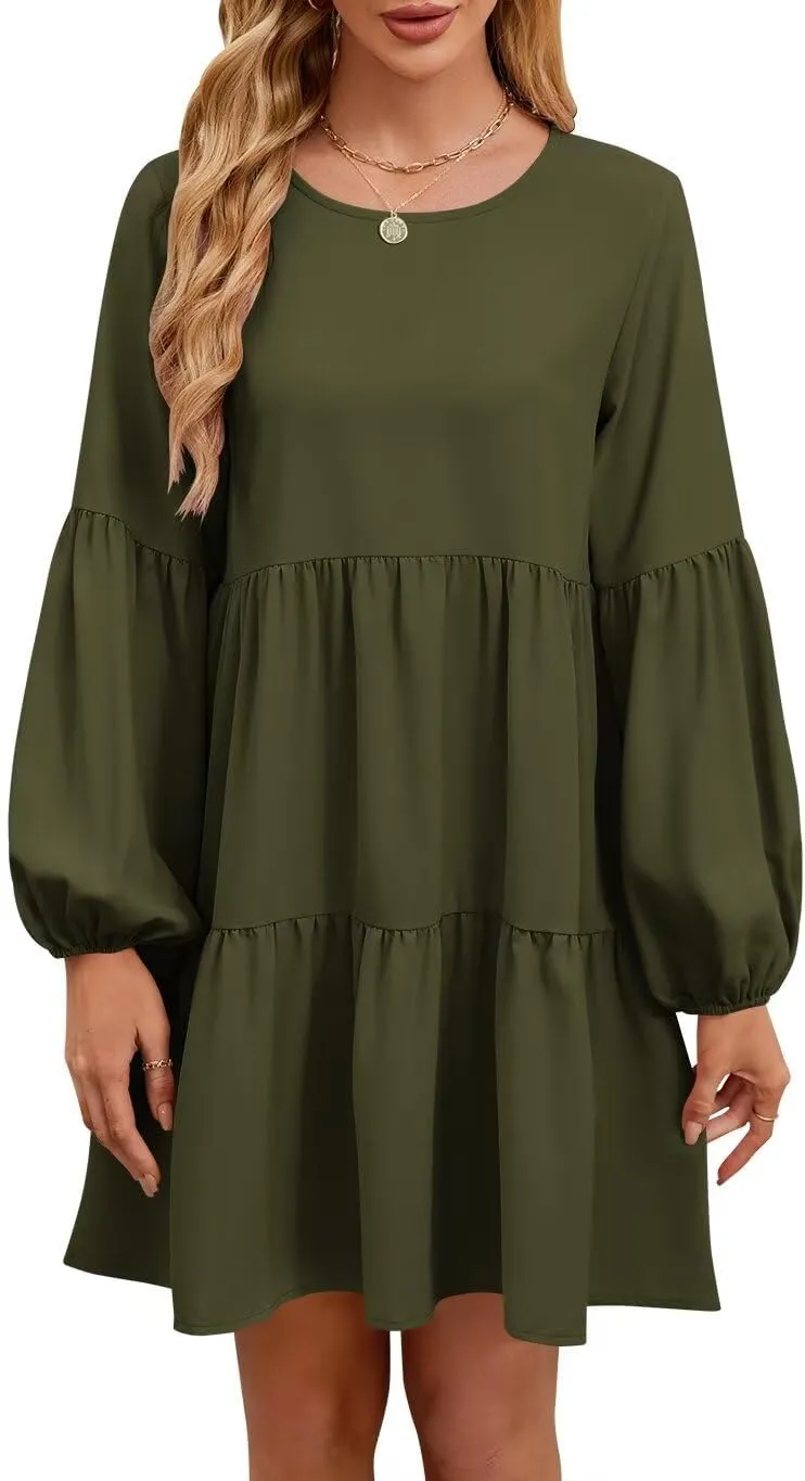QACOHU Summer Babydoll Dresses for Women 2025 Spring Crew Neck Long Sleeve Loose Flowy Swing Tunic Mini Dress