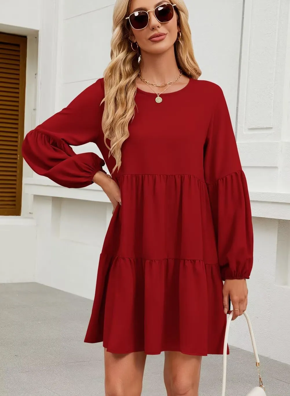QACOHU Summer Babydoll Dresses for Women 2025 Spring Crew Neck Long Sleeve Loose Flowy Swing Tunic Mini Dress