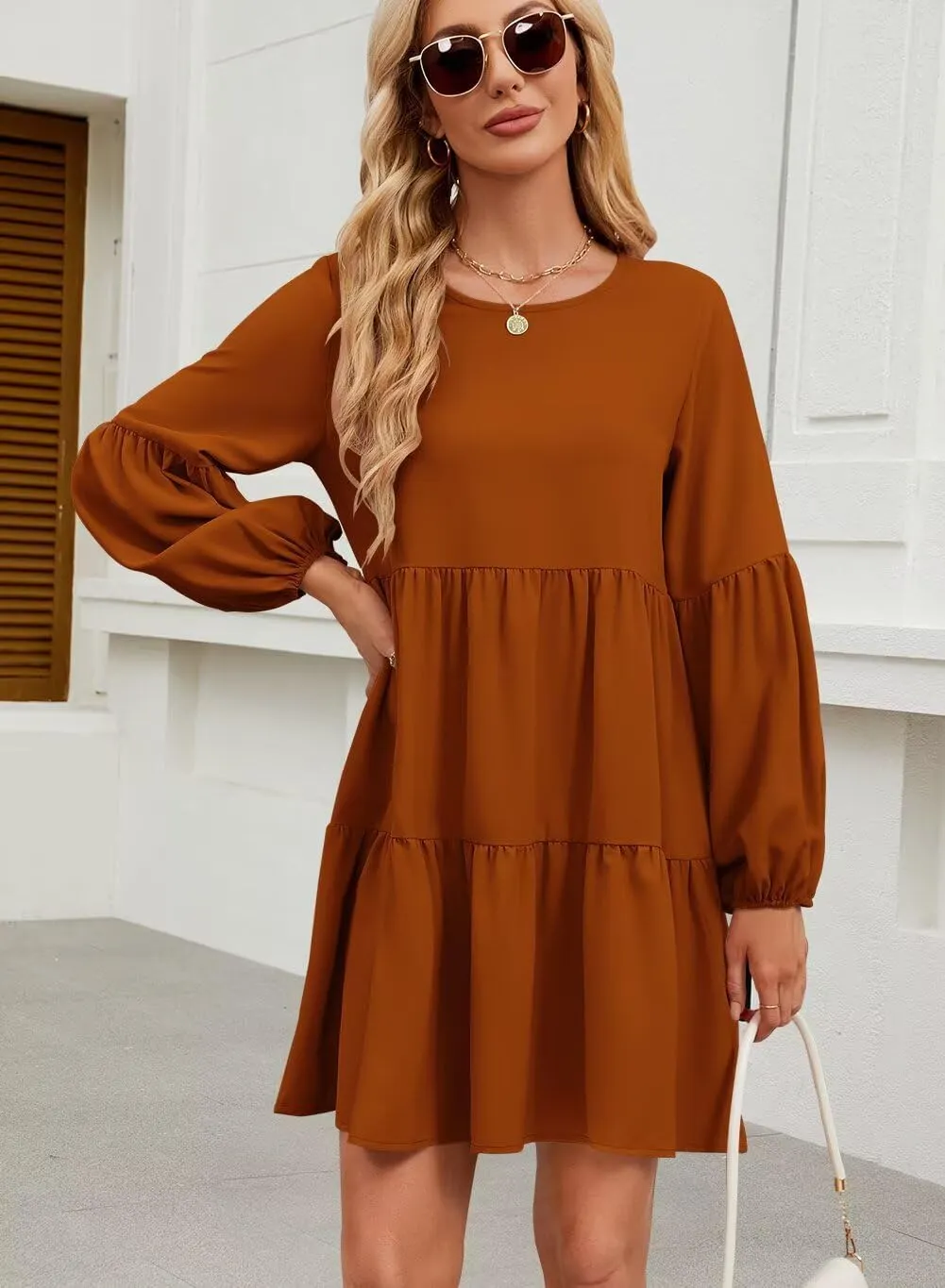 QACOHU Summer Babydoll Dresses for Women 2025 Spring Crew Neck Long Sleeve Loose Flowy Swing Tunic Mini Dress