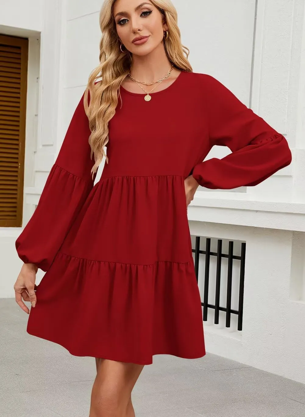 QACOHU Summer Babydoll Dresses for Women 2025 Spring Crew Neck Long Sleeve Loose Flowy Swing Tunic Mini Dress
