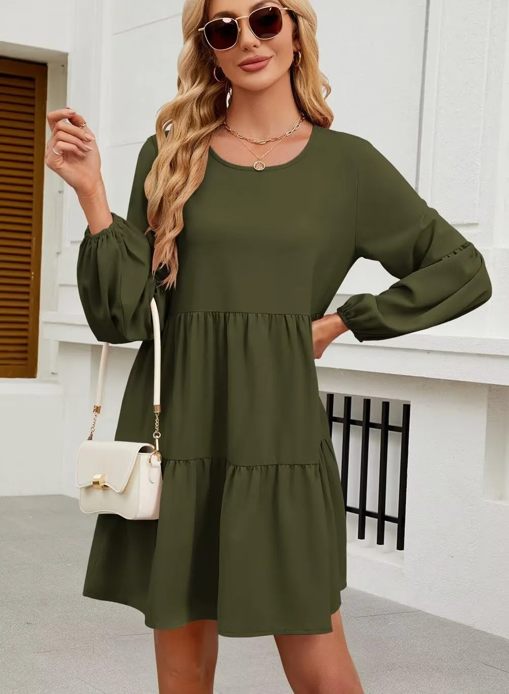 QACOHU Summer Babydoll Dresses for Women 2025 Spring Crew Neck Long Sleeve Loose Flowy Swing Tunic Mini Dress