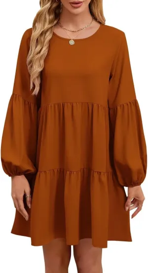 QACOHU Summer Babydoll Dresses for Women 2025 Spring Crew Neck Long Sleeve Loose Flowy Swing Tunic Mini Dress