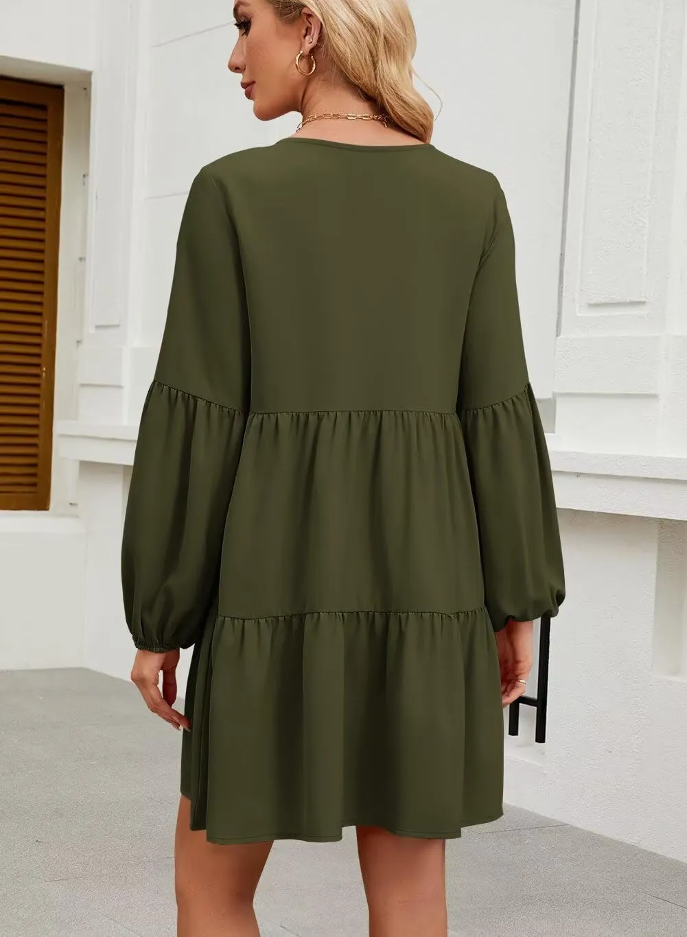 QACOHU Summer Babydoll Dresses for Women 2025 Spring Crew Neck Long Sleeve Loose Flowy Swing Tunic Mini Dress