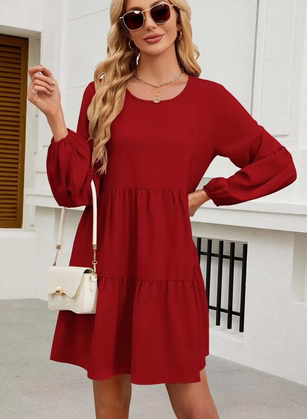 QACOHU Summer Babydoll Dresses for Women 2025 Spring Crew Neck Long Sleeve Loose Flowy Swing Tunic Mini Dress