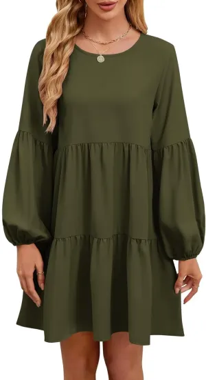 QACOHU Summer Babydoll Dresses for Women 2025 Spring Crew Neck Long Sleeve Loose Flowy Swing Tunic Mini Dress