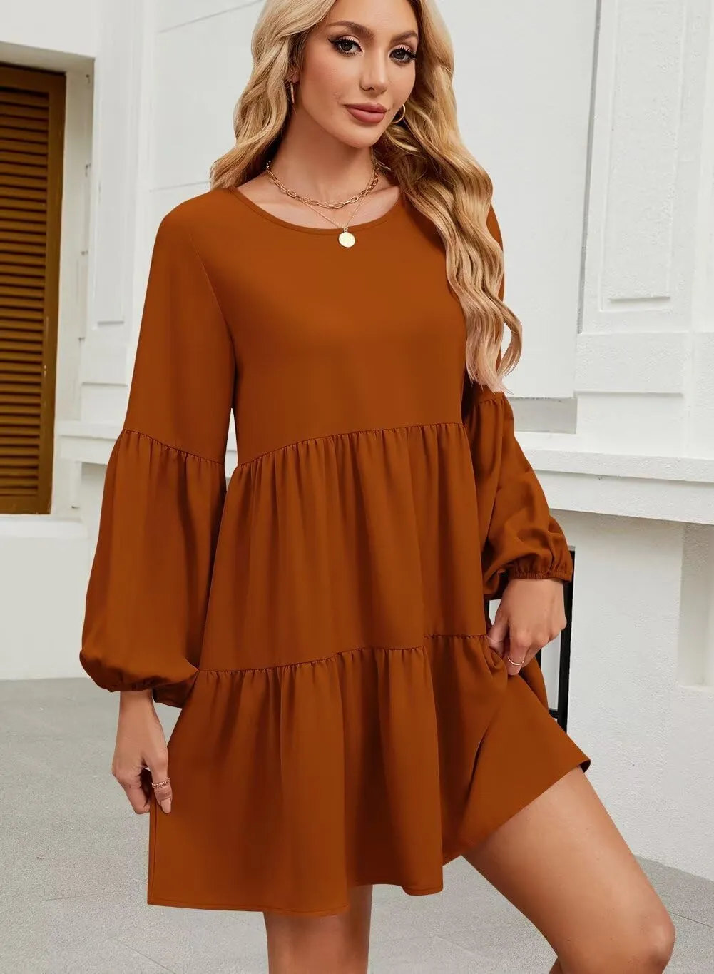 QACOHU Summer Babydoll Dresses for Women 2025 Spring Crew Neck Long Sleeve Loose Flowy Swing Tunic Mini Dress
