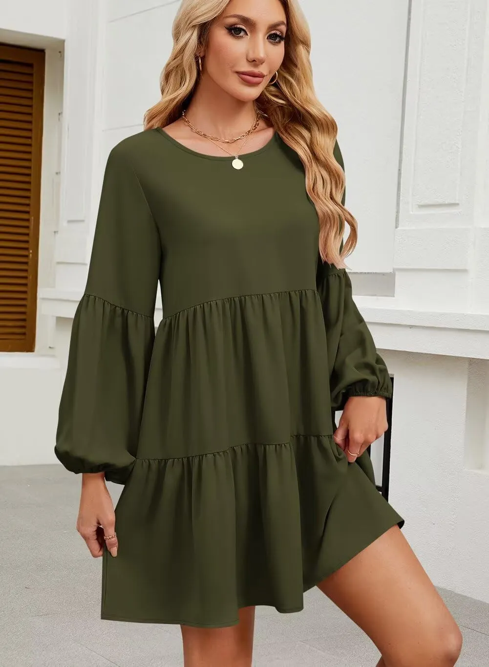 QACOHU Summer Babydoll Dresses for Women 2025 Spring Crew Neck Long Sleeve Loose Flowy Swing Tunic Mini Dress