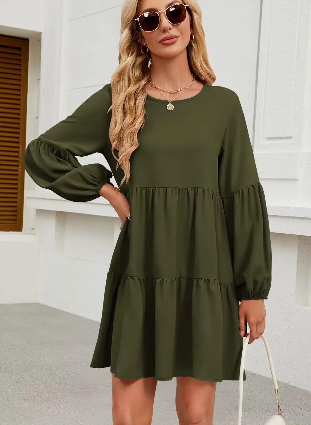 QACOHU Summer Babydoll Dresses for Women 2025 Spring Crew Neck Long Sleeve Loose Flowy Swing Tunic Mini Dress