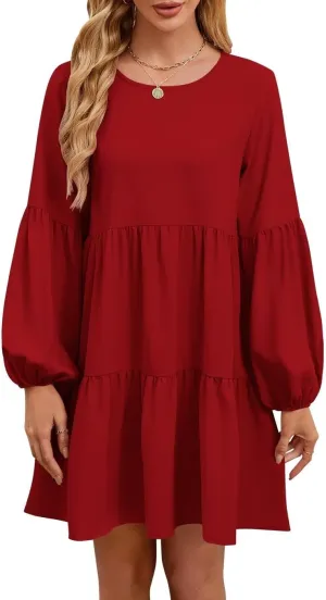 QACOHU Summer Babydoll Dresses for Women 2025 Spring Crew Neck Long Sleeve Loose Flowy Swing Tunic Mini Dress