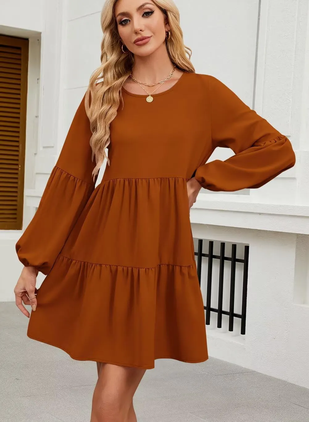 QACOHU Summer Babydoll Dresses for Women 2025 Spring Crew Neck Long Sleeve Loose Flowy Swing Tunic Mini Dress