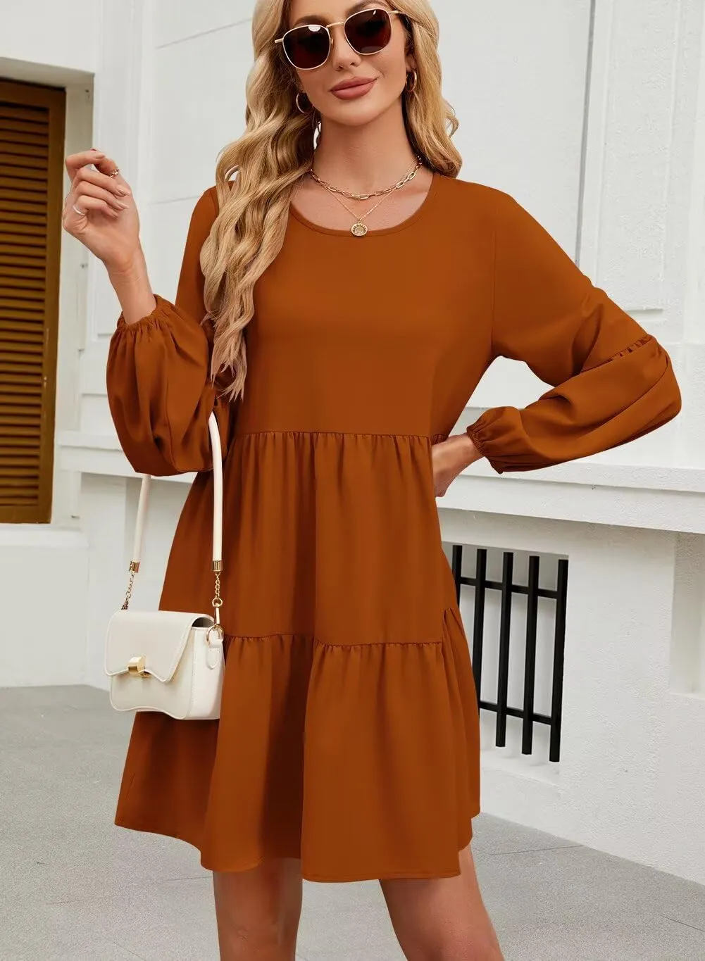 QACOHU Summer Babydoll Dresses for Women 2025 Spring Crew Neck Long Sleeve Loose Flowy Swing Tunic Mini Dress